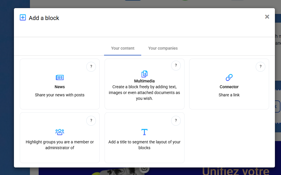 Fenêtre “Add a block” : choix des catégories de blocs